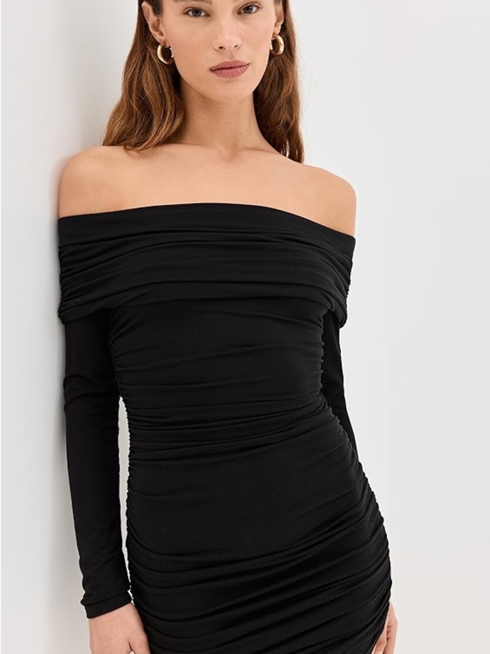 Reformation Brooks Knit Black Off-Shoulder Ruched Mini Dress - Picture 3 of 7